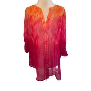 Chaus New York Pink Orange Tie Dye Chiffon Pleated Roll Tab Blouse Womens Medium
